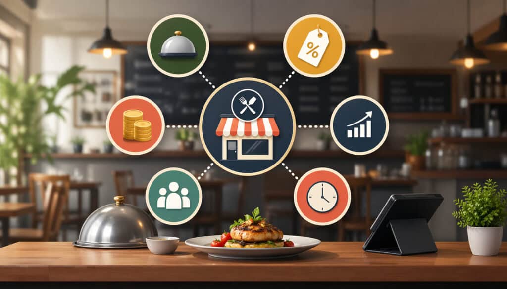 Illustration of restaurant pricing models concept with dining setup, POS system, plated dish, and connected icons representing pricing strategies, costs, discounts, and revenue growth