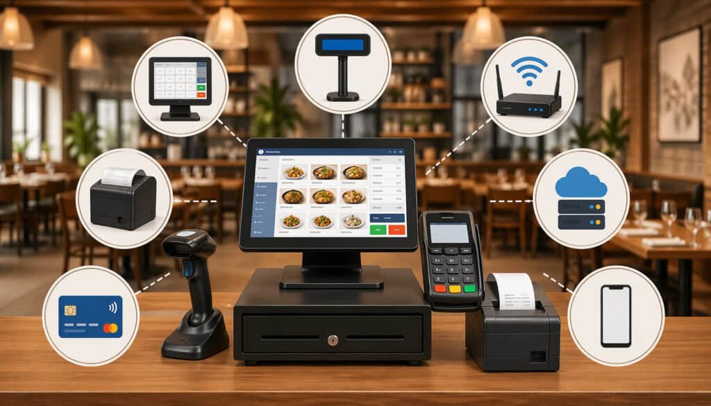 Modern restaurant POS system setup with touchscreen terminal, card reader, receipt printer, barcode scanner, and cloud connectivity icons on a restaurant counter background