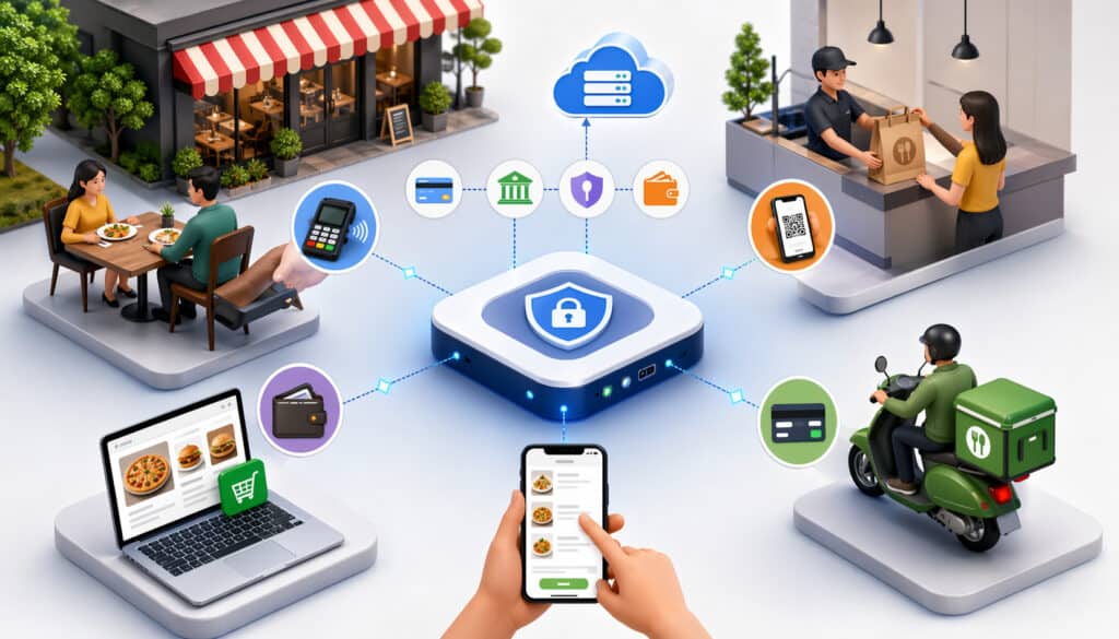 Multi-channel restaurant payment gateway system showing dine-in, online ordering, takeaway, and delivery payments connected through a secure centralized processing hub