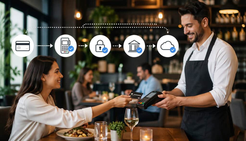 Restaurant customer making a contactless card payment via POS terminal with illustrated payment processing flow icons in a modern dining setting