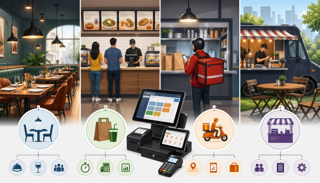 Illustration showing different restaurant service models including dine-in, fast casual counter service, food delivery, and food truck operations with POS systems and operational icons