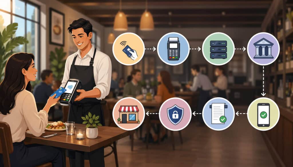 Illustration of a restaurant payment process showing a customer using contactless card at a POS terminal with visual icons representing payment gateway, processor, bank authorization, security, and transaction approval flow
