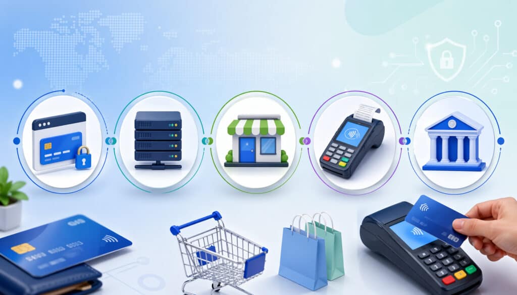 Illustration showing the digital payment flow with icons representing payment gateway, processor, merchant account, POS terminal, and bank account in a connected transaction system