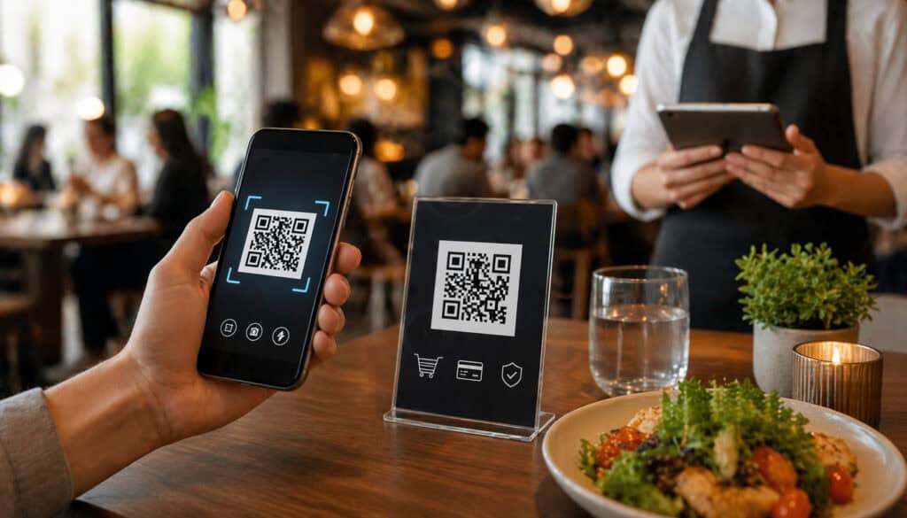 Customer scanning QR code for contactless payment at a restaurant table with smartphone, food, and secure digital payment icons visible
