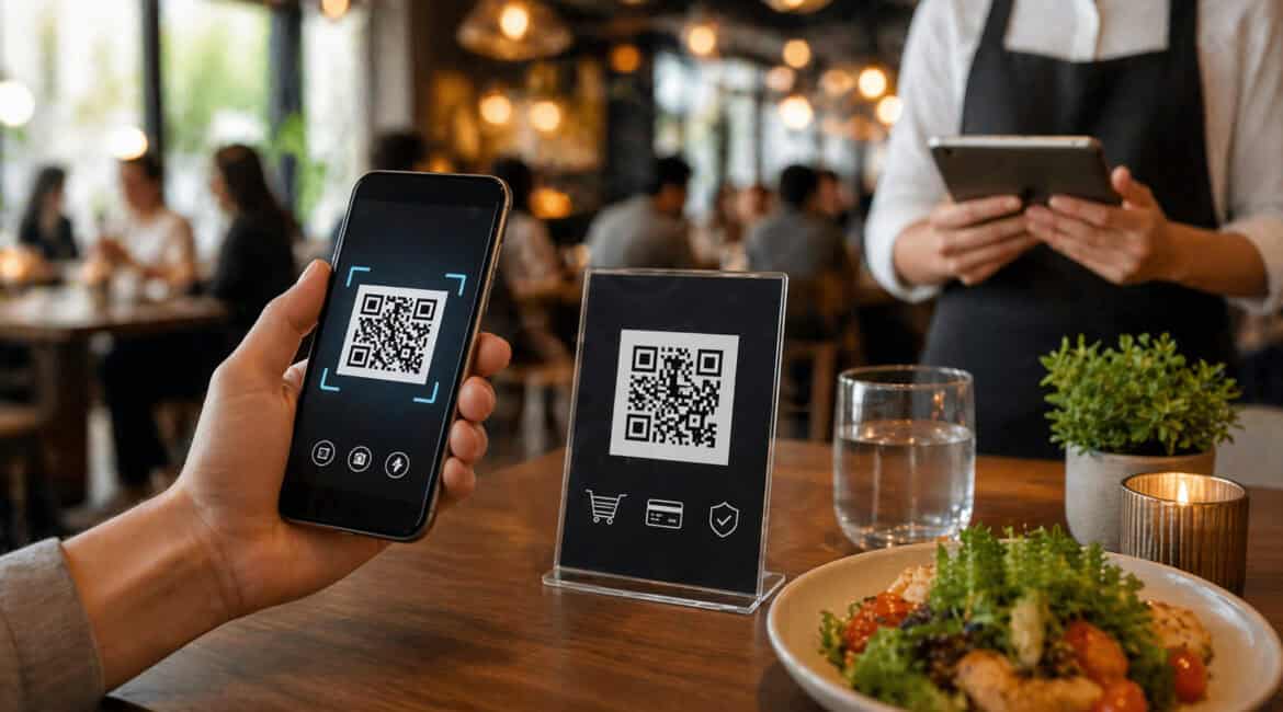 Customer scanning QR code for contactless payment at a restaurant table with smartphone, food, and secure digital payment icons visible