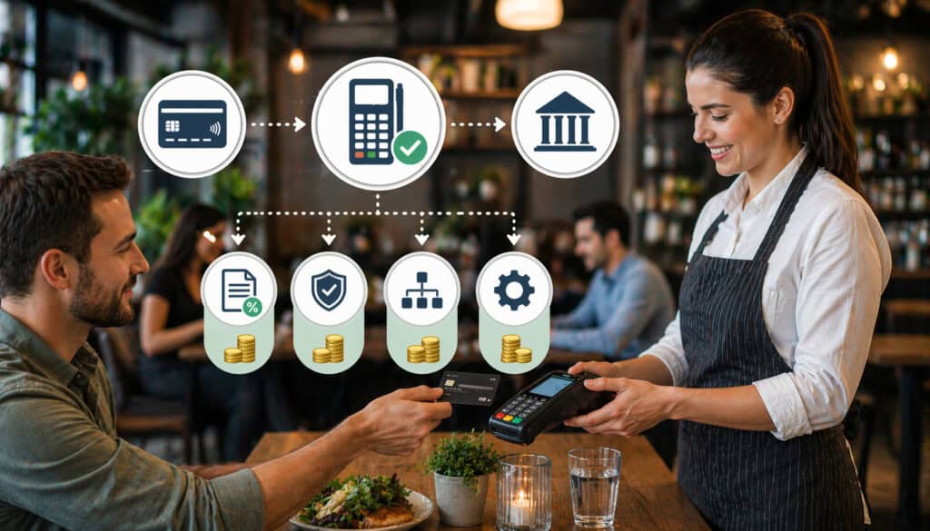 Restaurant customer paying with a card at a POS terminal with visual icons illustrating payment processing fees and transaction flow in a modern café setting