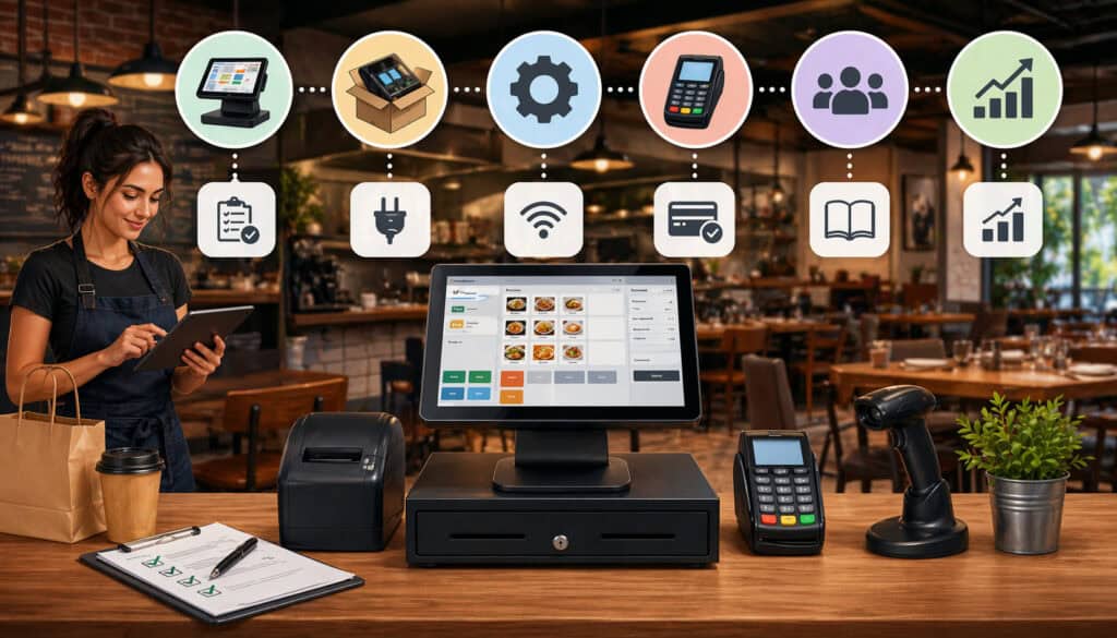 Restaurant POS system setup in a modern café with tablet terminal, receipt printer, card reader, barcode scanner, and workflow icons illustrating installation and payment processing steps