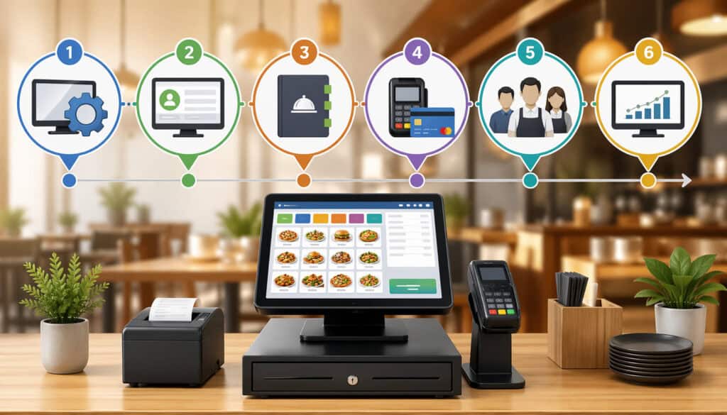 Modern restaurant POS system setup illustration with touchscreen terminal, card reader, receipt printer, and step-by-step workflow icons in a restaurant setting