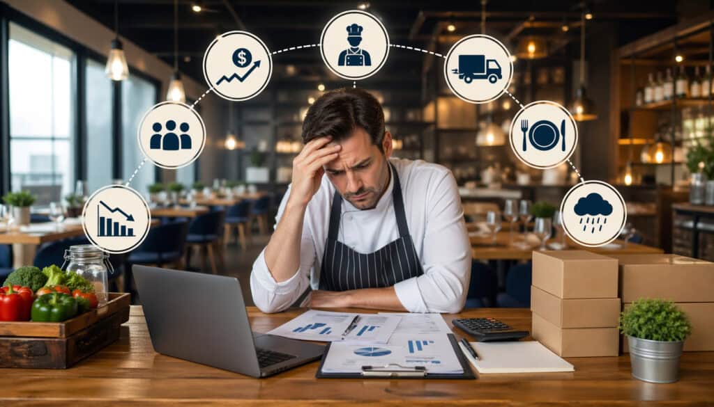 Restaurant owner stressed over financial reports with icons showing rising costs, staffing issues, supply chain disruptions, and declining profits in a modern dining setting
