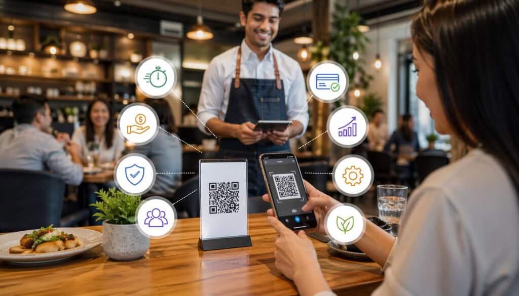 Customer scanning QR code for contactless payment at a modern restaurant table with digital payment icons representing speed, security, and convenience