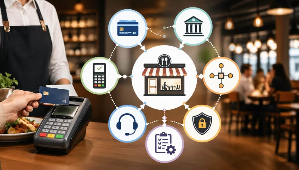 Restaurant payment processing concept showing a customer tapping a credit card on a POS terminal with surrounding icons representing merchant fees, banking, security, and transaction processing in a modern dining setting