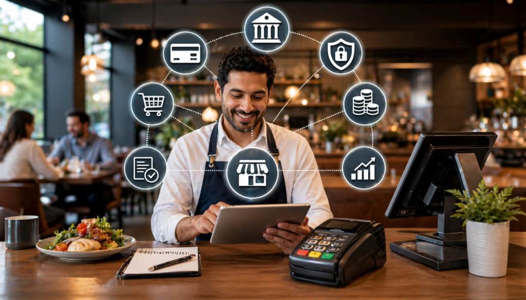 Restaurant owner using tablet at POS system with merchant account and payment processing icons in a modern dining environment