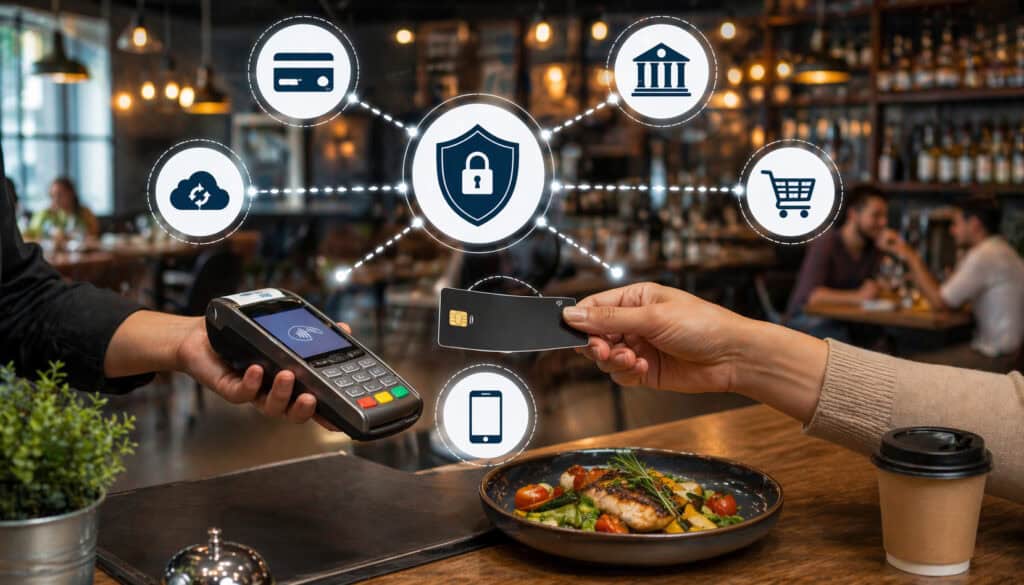 Customer making a contactless card payment on a POS terminal in a restaurant with digital icons representing secure payment gateway processing and transaction flow