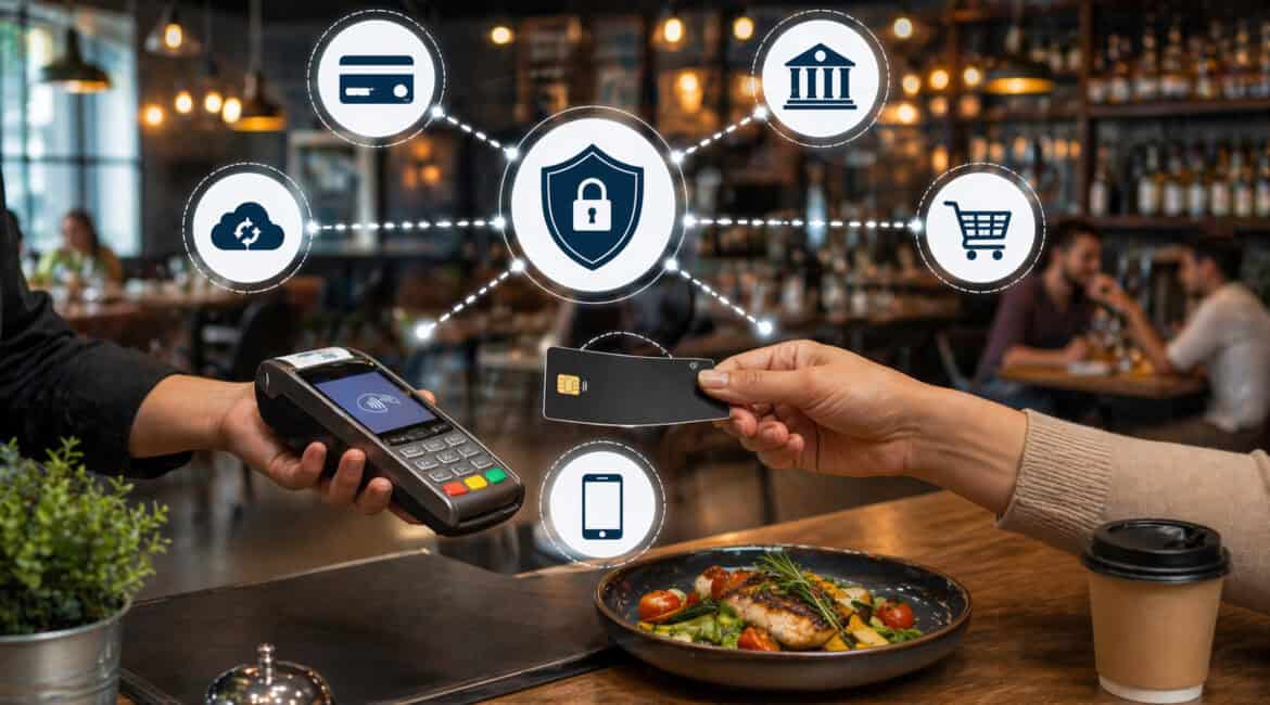 Customer making a contactless card payment on a POS terminal in a restaurant with digital icons representing secure payment gateway processing and transaction flow