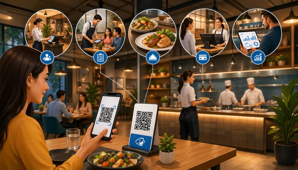 QR code payment in restaurant with customer scanning digital menu and paying via smartphone while staff manage orders and POS system in modern dining environment