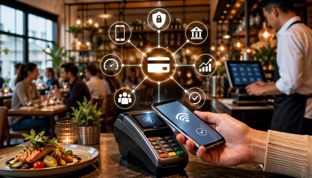 Modern restaurant interior with contactless mobile payment at POS terminal, digital payment gateway icons showing speed, security, and seamless transactions