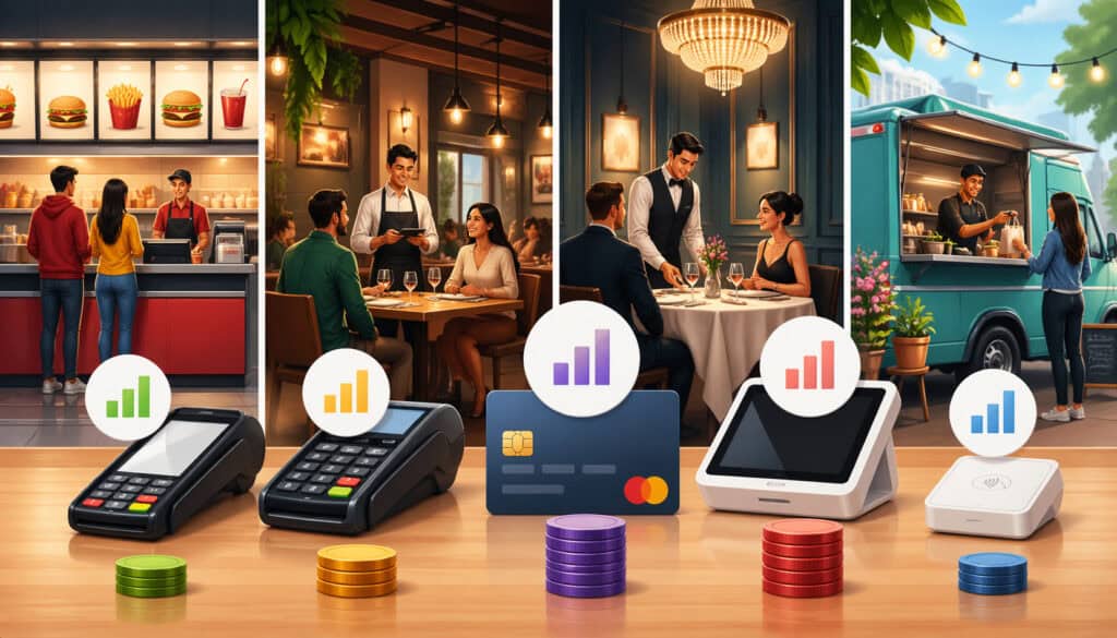 Illustration showing different restaurant types—fast food, casual dining, fine dining, and food truck—with POS systems, payment terminals, and financial icons representing varying payment processing costs