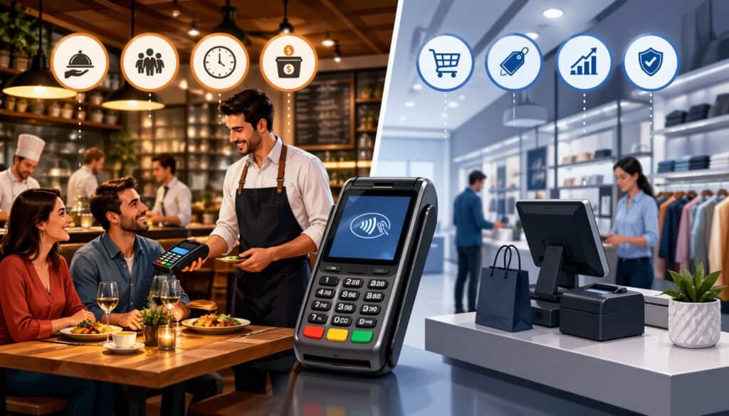 Illustration showing a busy restaurant with a server processing a table-side payment contrasted with a retail store checkout, highlighting different payment workflows and customer experiences