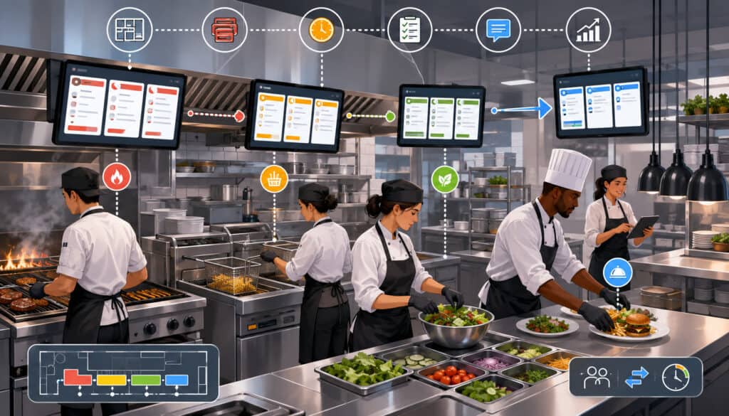 Organized restaurant kitchen stations using KDS screens for efficient order routing
