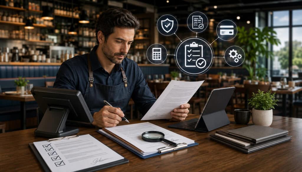 Restaurant owner reviewing a POS contract and payment terms