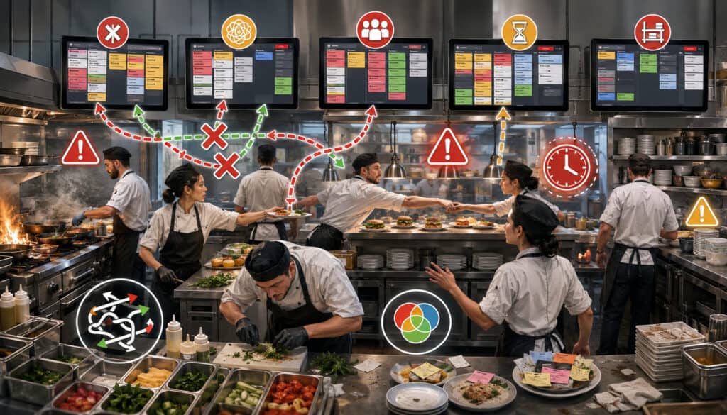Chefs managing a poorly configured KDS in a busy restaurant kitchen