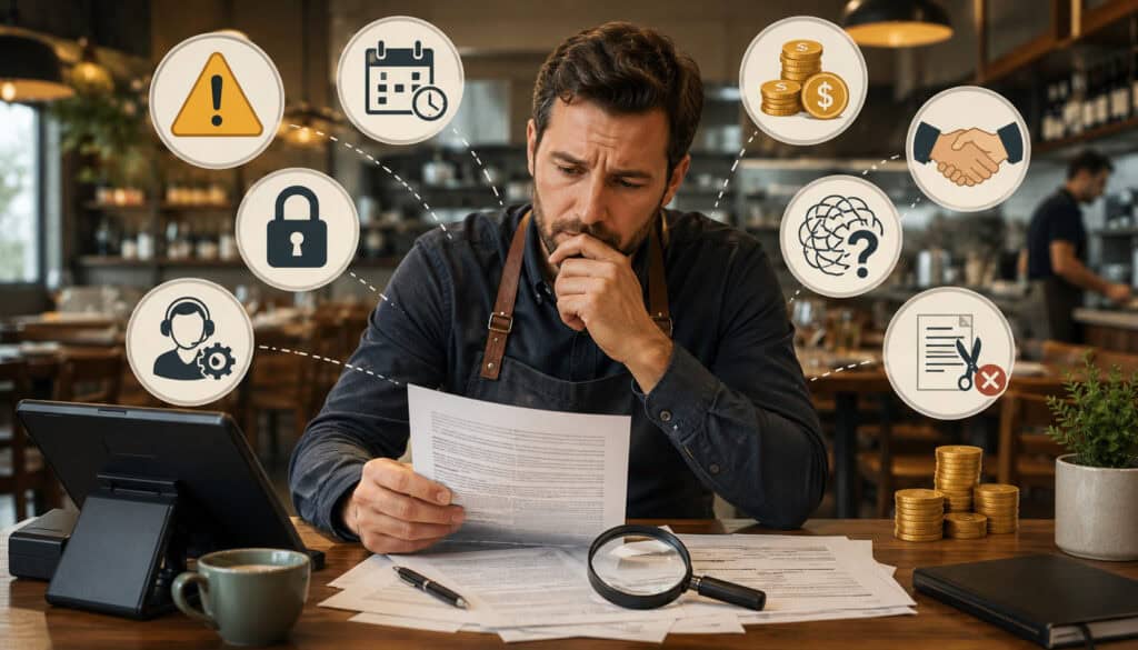 Restaurant owner reviewing a POS contract and hidden fees