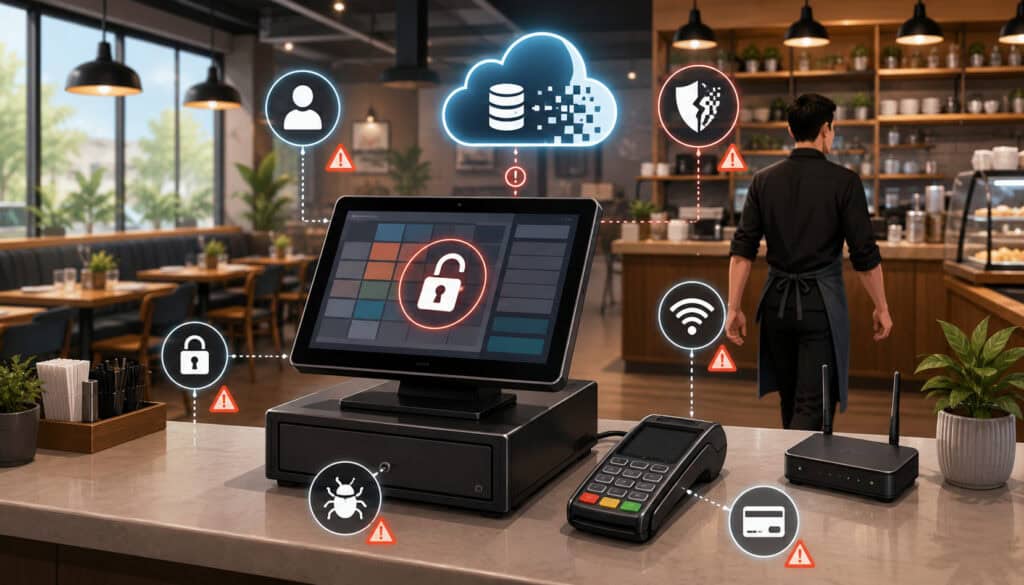 Restaurant POS terminal showing common security risks and warning icons