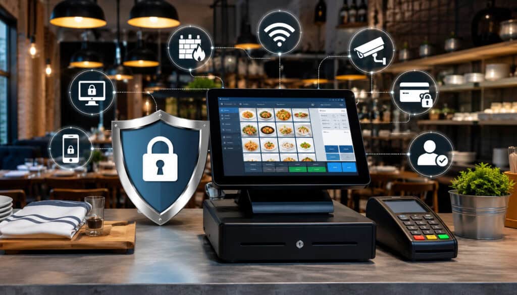 Secure restaurant POS system with payment terminal and cybersecurity icons in a modern restaurant setting