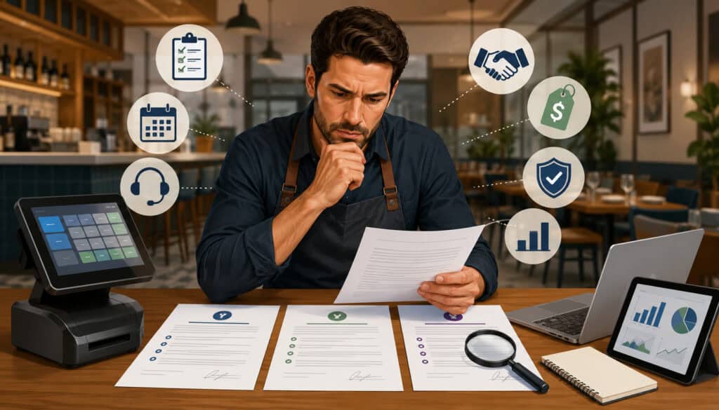 Restaurant owner comparing POS vendor agreements and contract terms