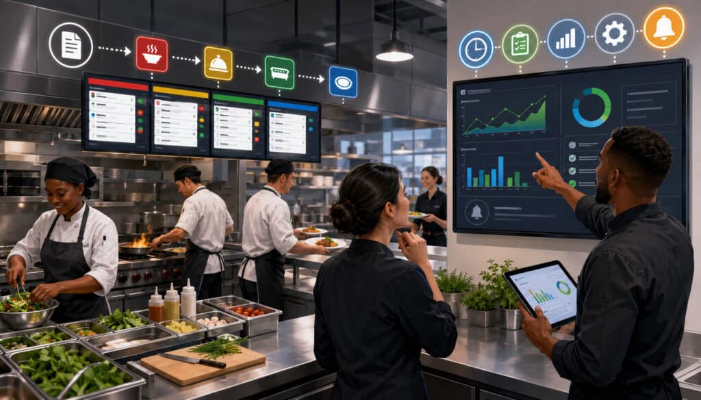 Restaurant team optimizing KDS workflow with digital order screens and analytics