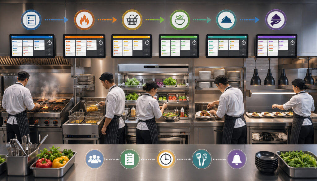 Chefs working at organized kitchen stations using KDS screens