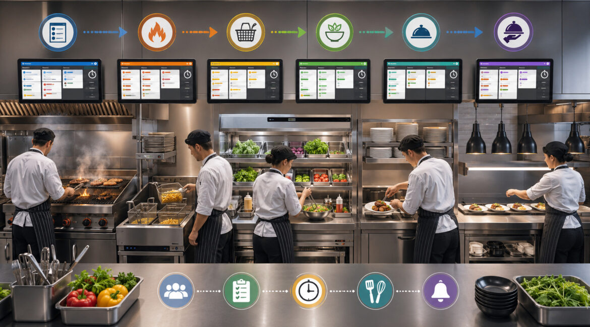 Chefs working at organized kitchen stations using KDS screens