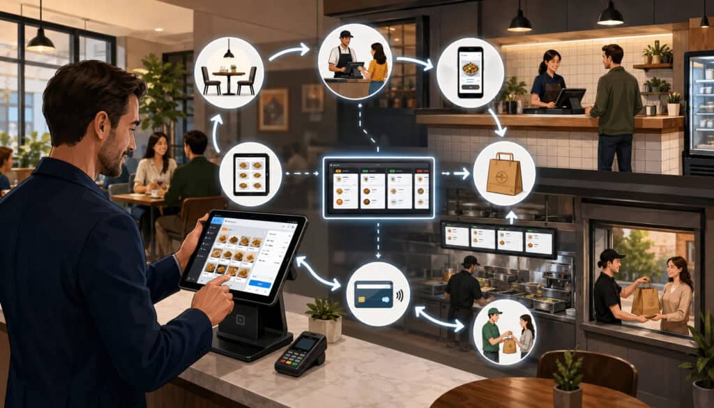 Restaurant manager matching a POS system to dine-in, online, kitchen, payment, and pickup workflows
