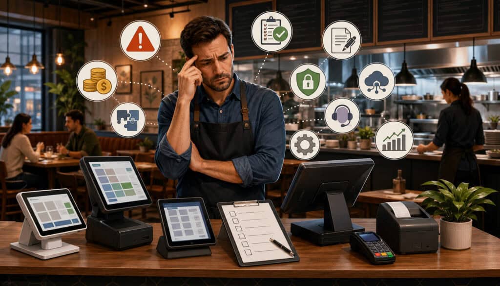 Restaurant owner reviewing POS systems with a buying checklist and feature icons