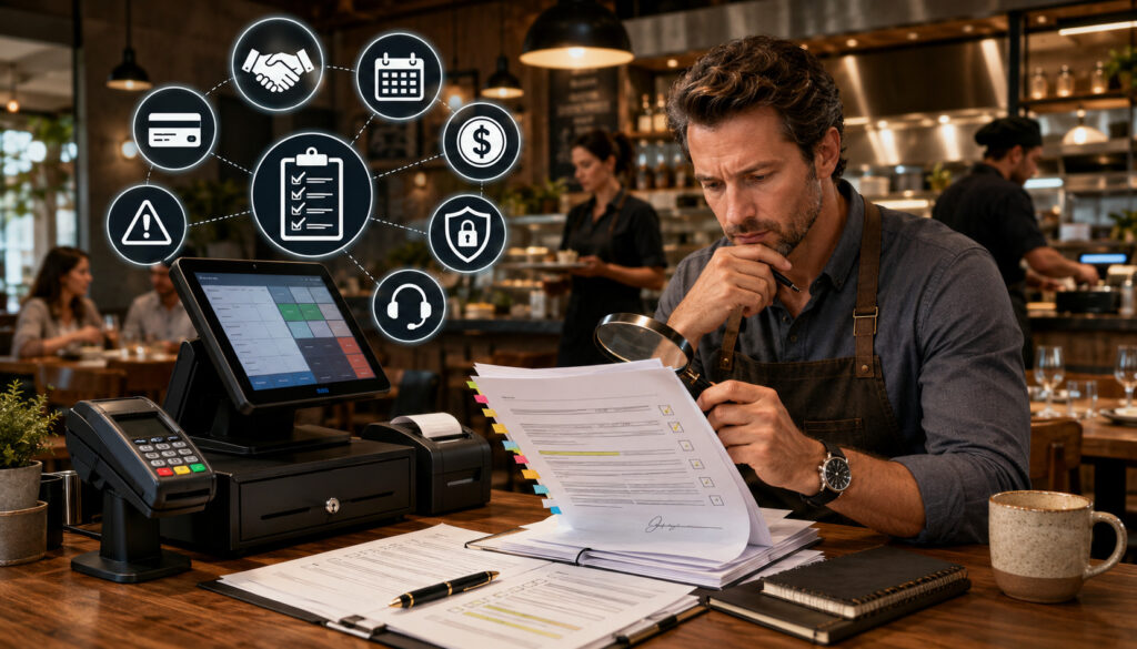 Restaurant owner reviewing POS contract terms and fees