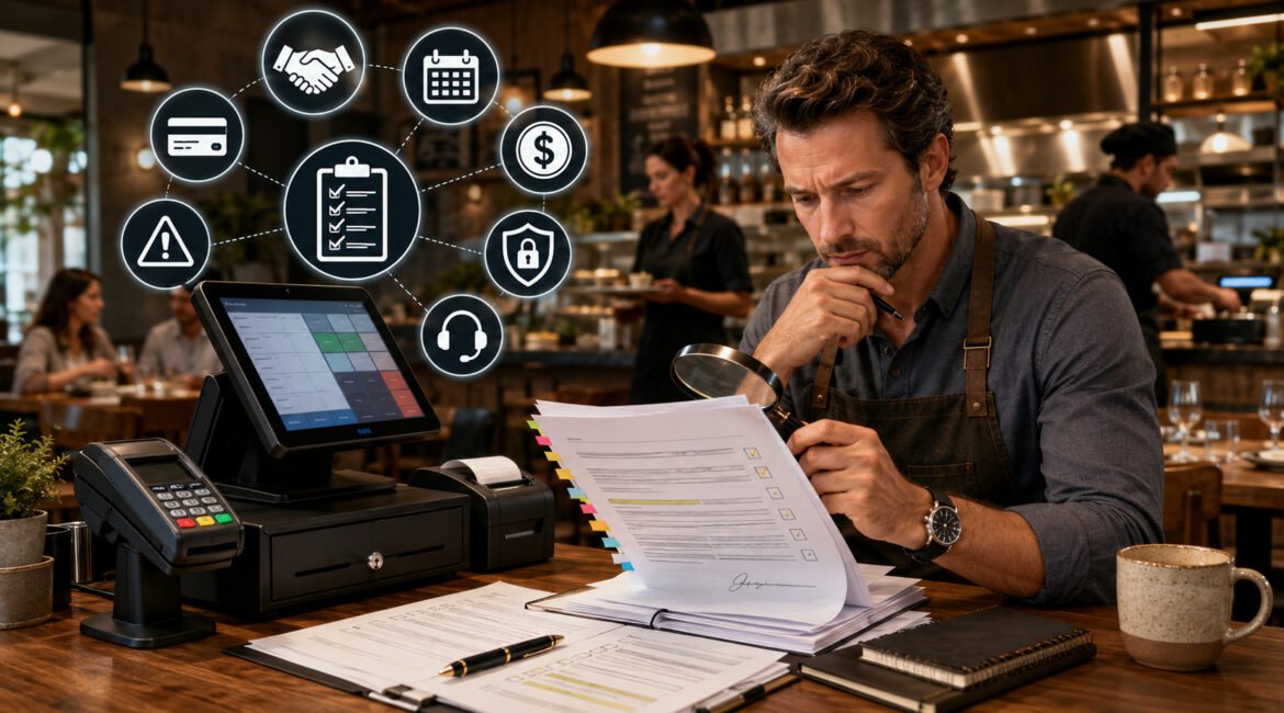 Restaurant owner reviewing POS contract terms and fees