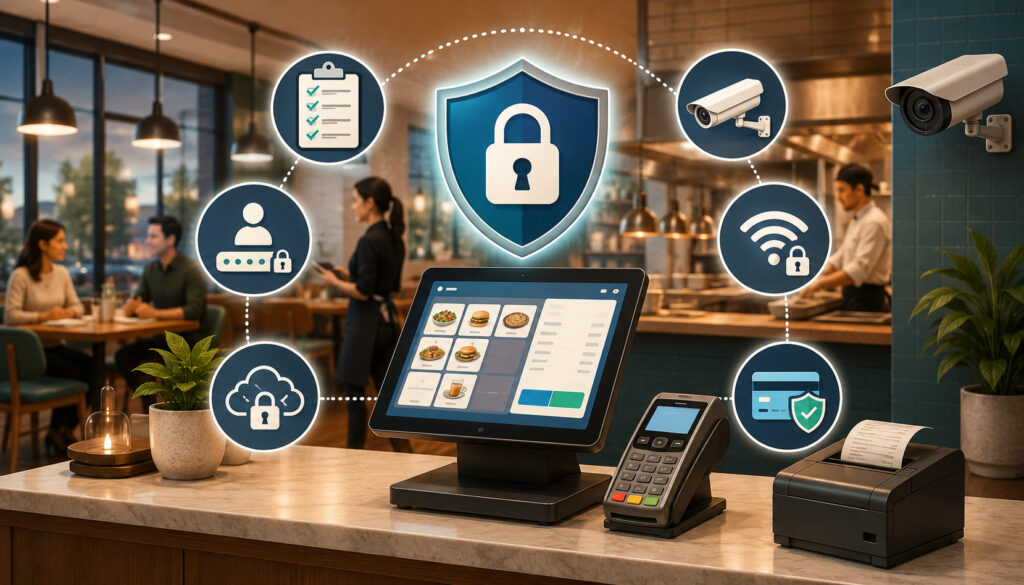 Secure restaurant POS system with payment protection and cybersecurity icons