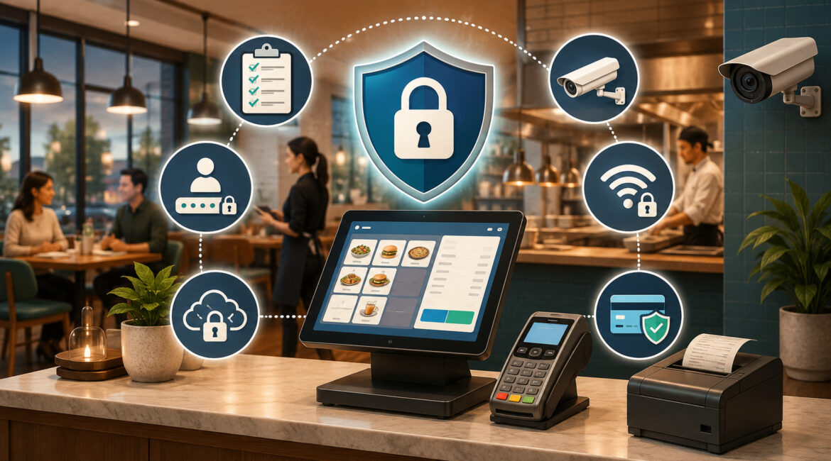 Secure restaurant POS system with payment protection and cybersecurity icons