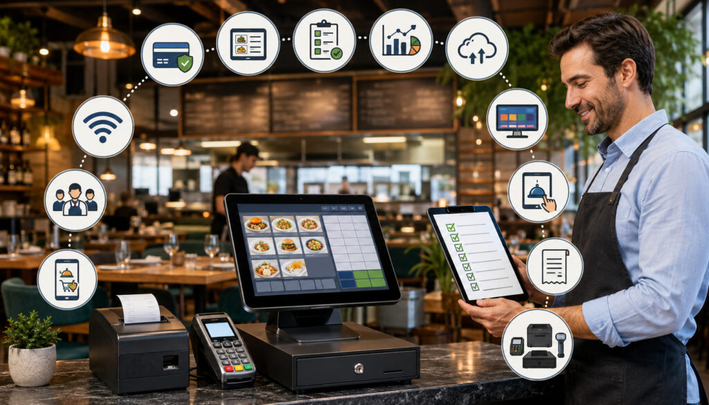 Restaurant manager reviewing a POS system requirements checklist