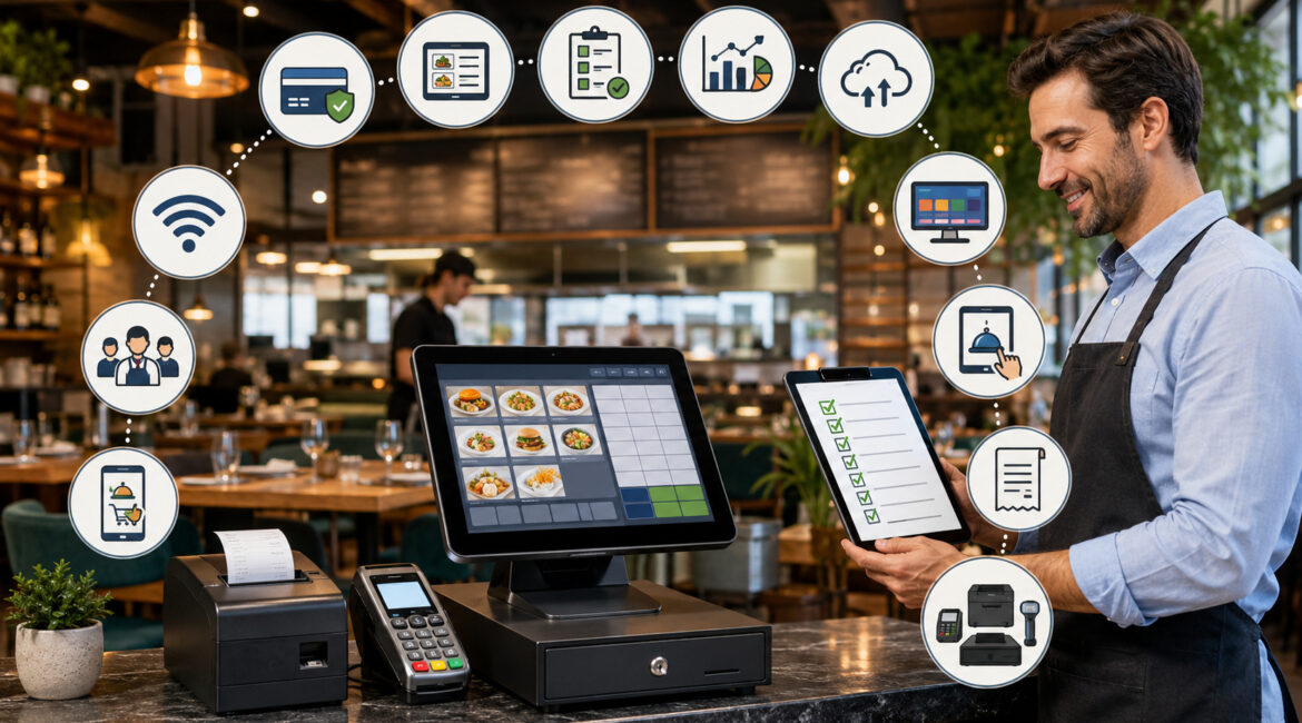 Restaurant manager reviewing a POS system requirements checklist