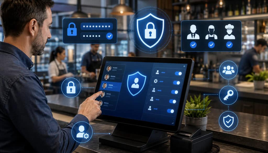 Restaurant manager controlling POS accounts, passwords, and user permissions
