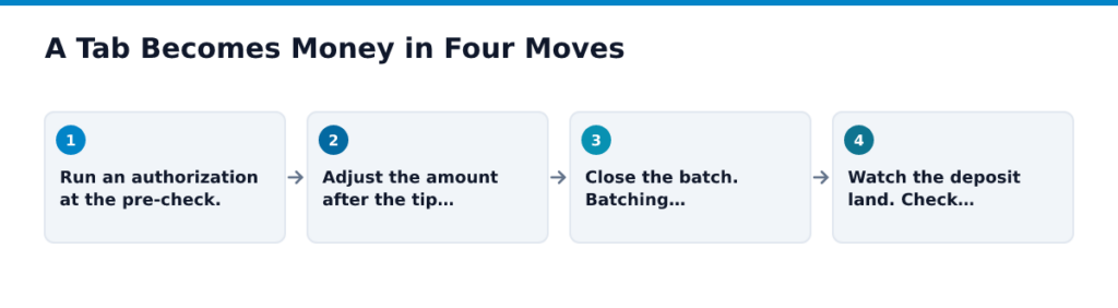 A Tab Becomes Money in Four Moves. Steps in order: Run an authorization at the pre-check., then Adjust the amount after the tip…, then Close the batch. Batching…, then Watch the deposit land. Check….