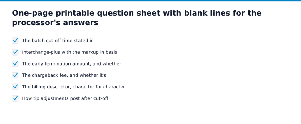 One-page printable question sheet with blank lines for the processor's answers. Items: The batch cut-off time stated in, Interchange-plus with the markup in basis, The early termination amount, and whether, The chargeba…