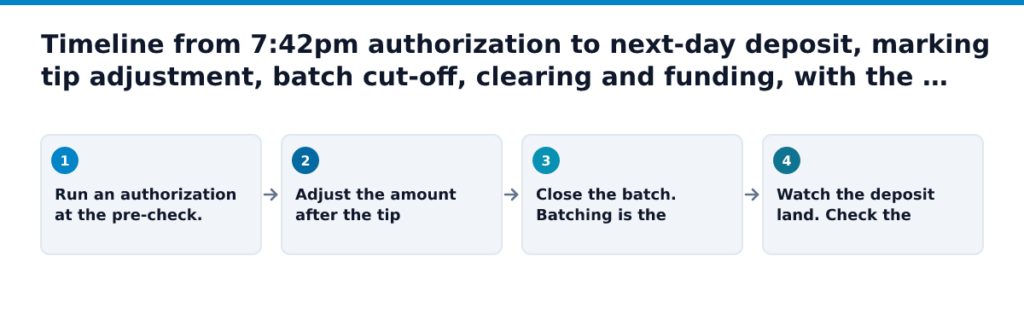 Timeline from 7:42pm authorization to next-day deposit, marking tip adjustment, batch cut-off, clearing and funding, with the dollar amount changing at each stage. Steps in order: Run an authorization at the pre-check.,…
